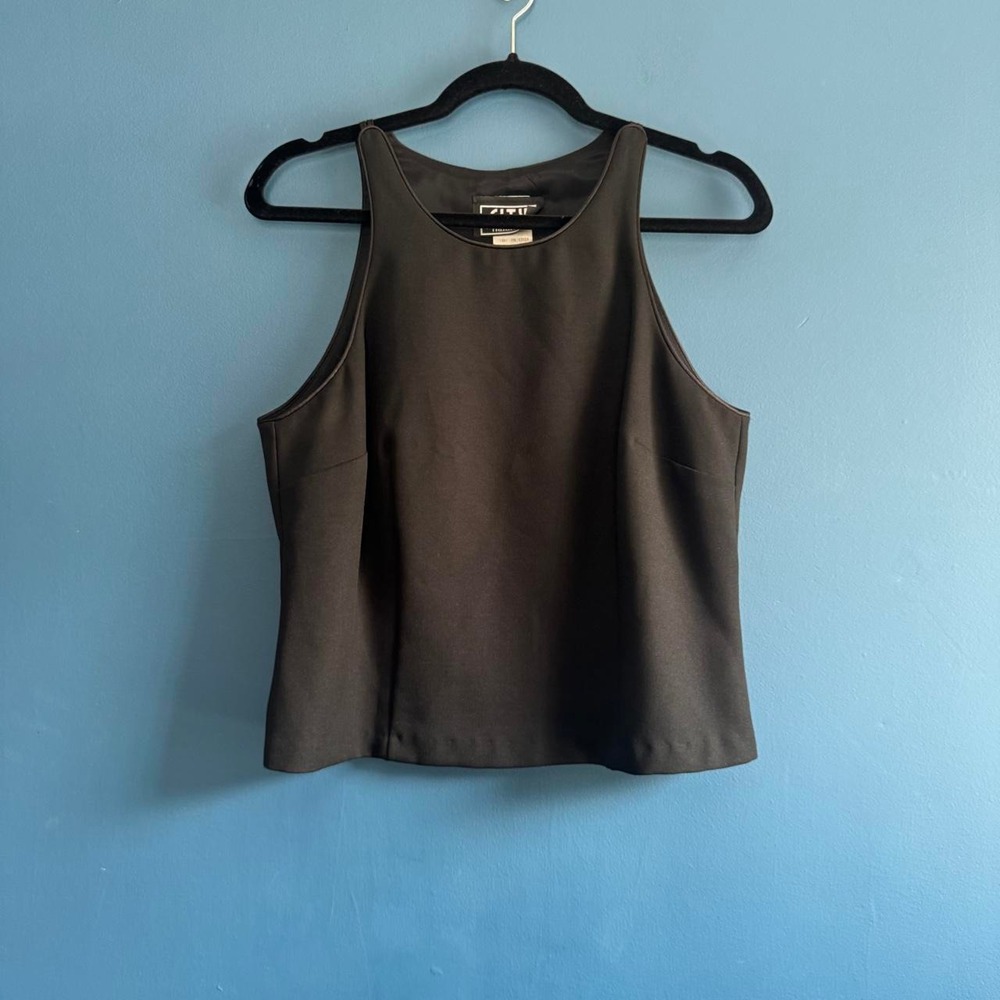 Vintage 90s Black Crop Top Women's Size 13/14 High Neck City Triangles Button